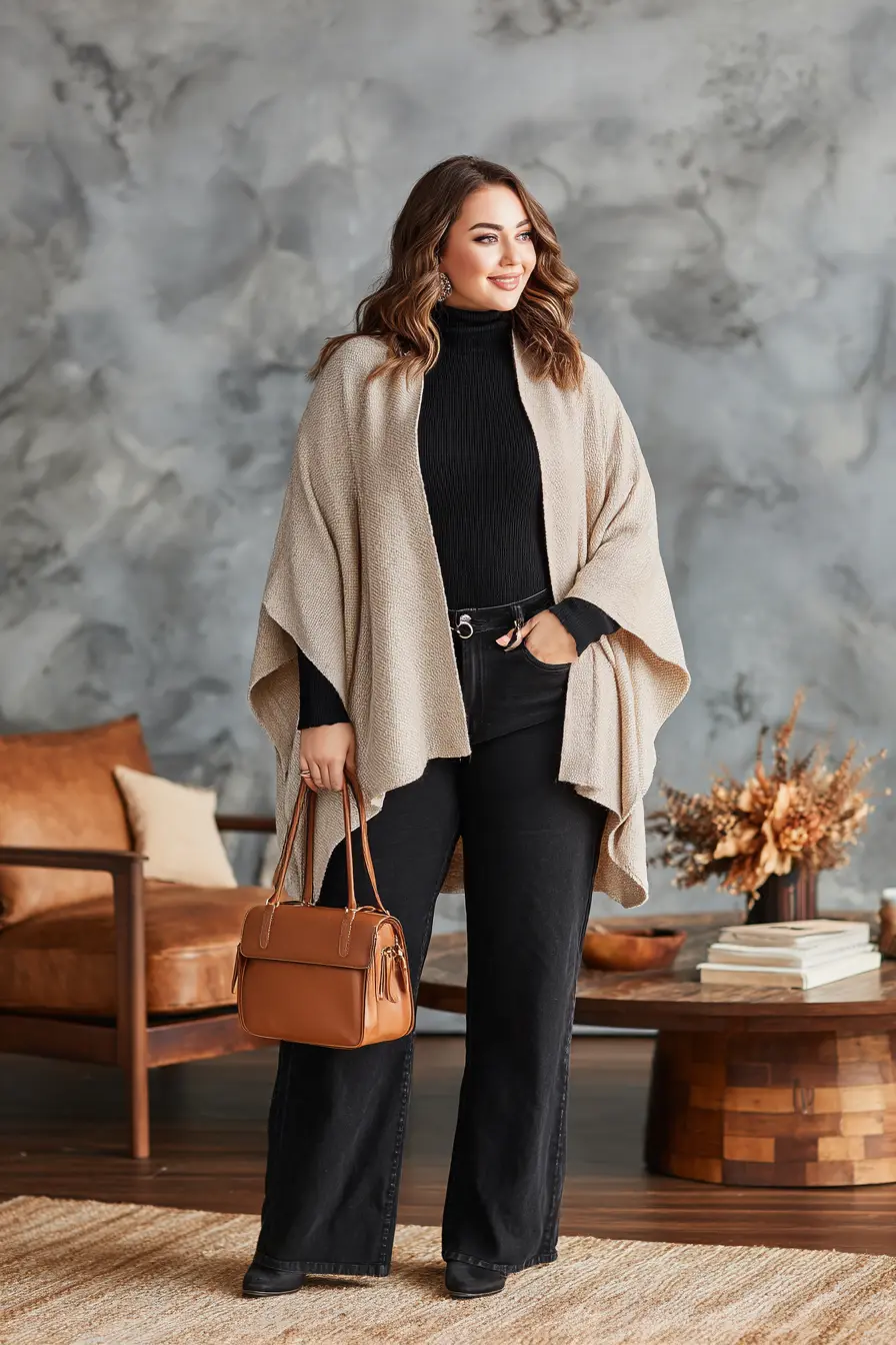 Cashmere Poncho with Black Flare Jeans and Leather Bag