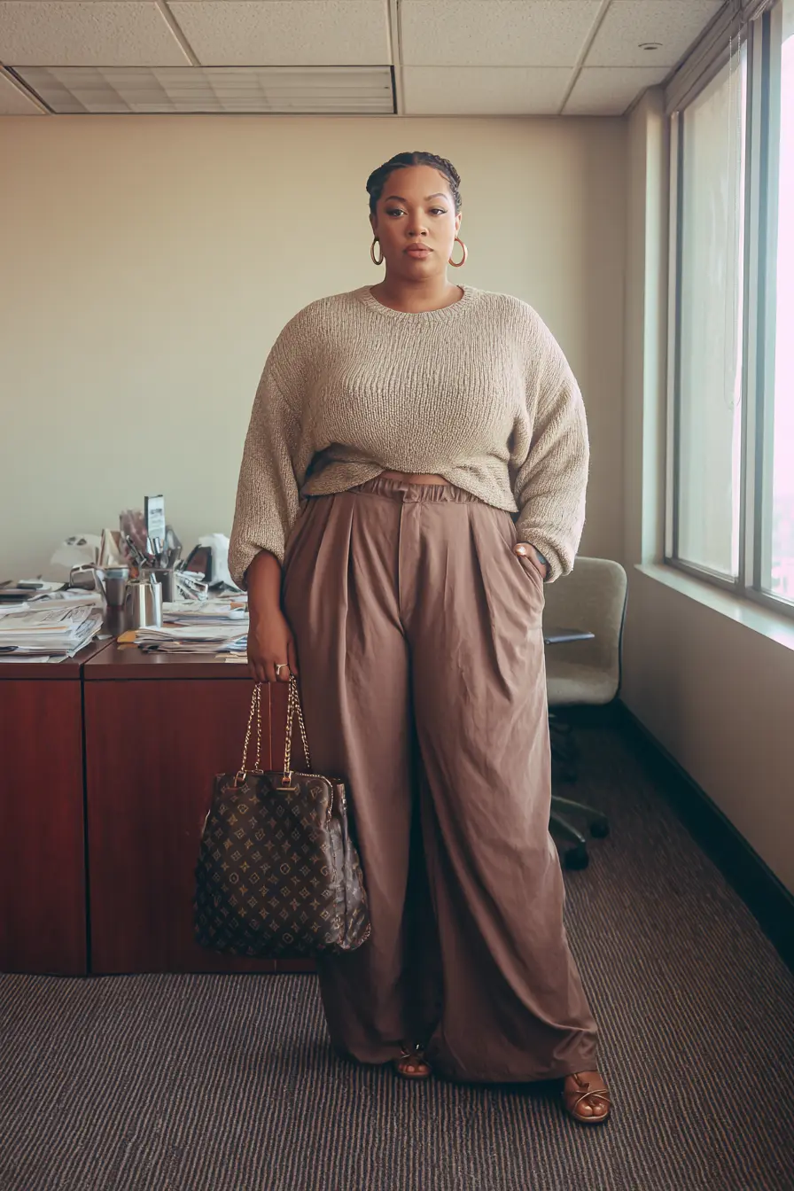 Cream Knit Sweater with Brown Wide-Leg Pants