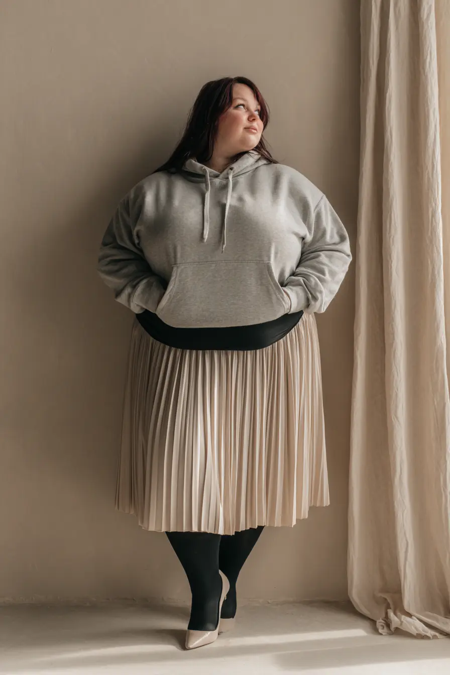 Fleece Hoodie With Pleated Skirt Contrast