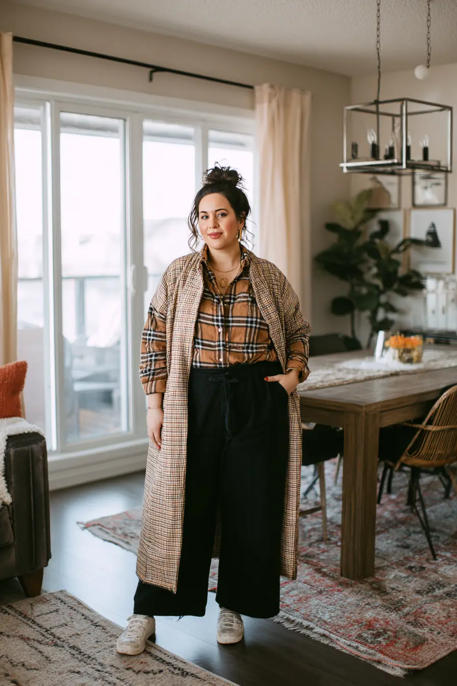 Long Flannel Duster with Plaid Shirt and Wide-Leg Pants