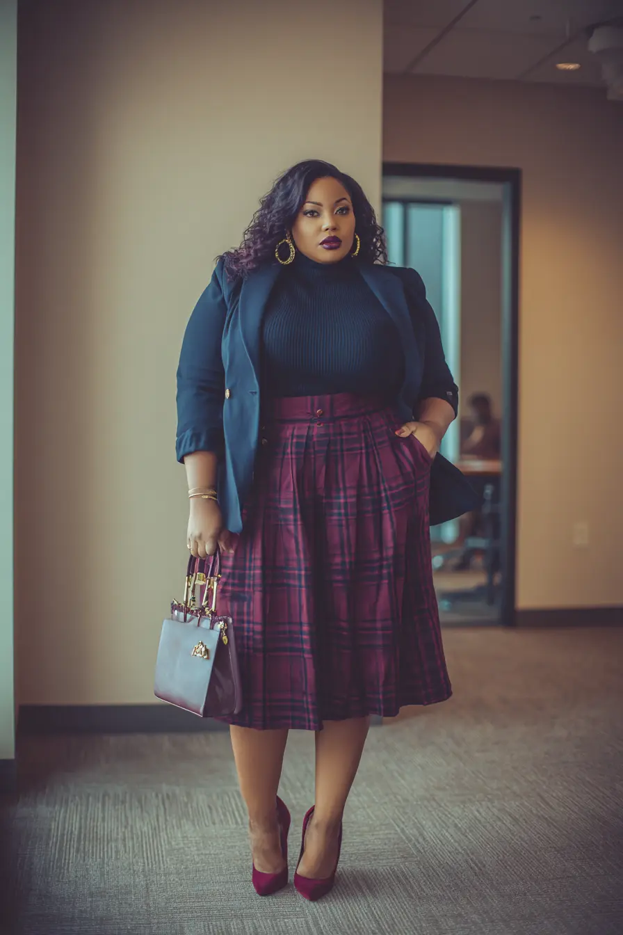 Plaid Midi Skirt with Classic Blazer Touch