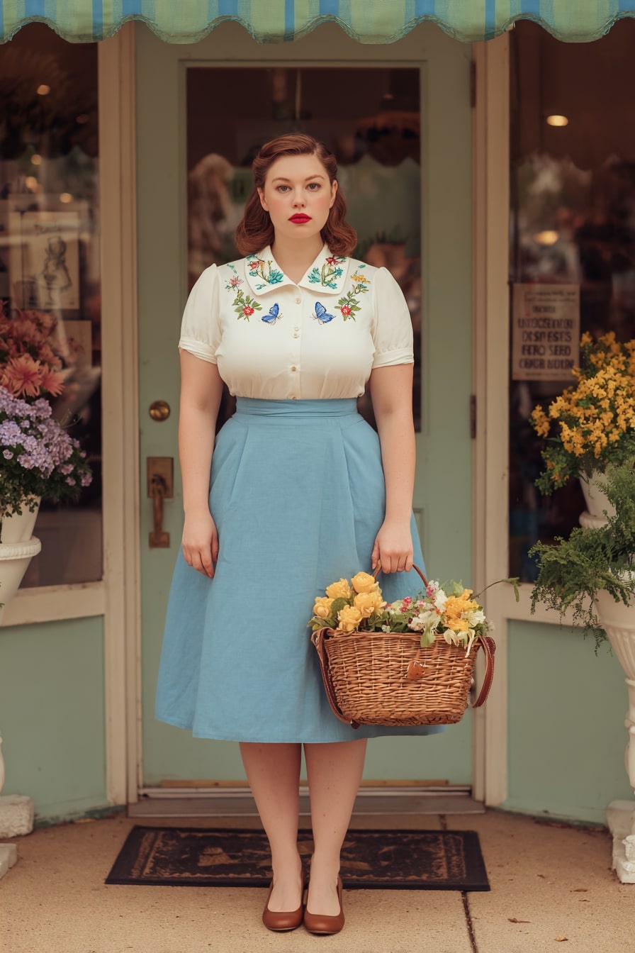 Vintage Blue Skirt with Embroidered Butterfly Blouse