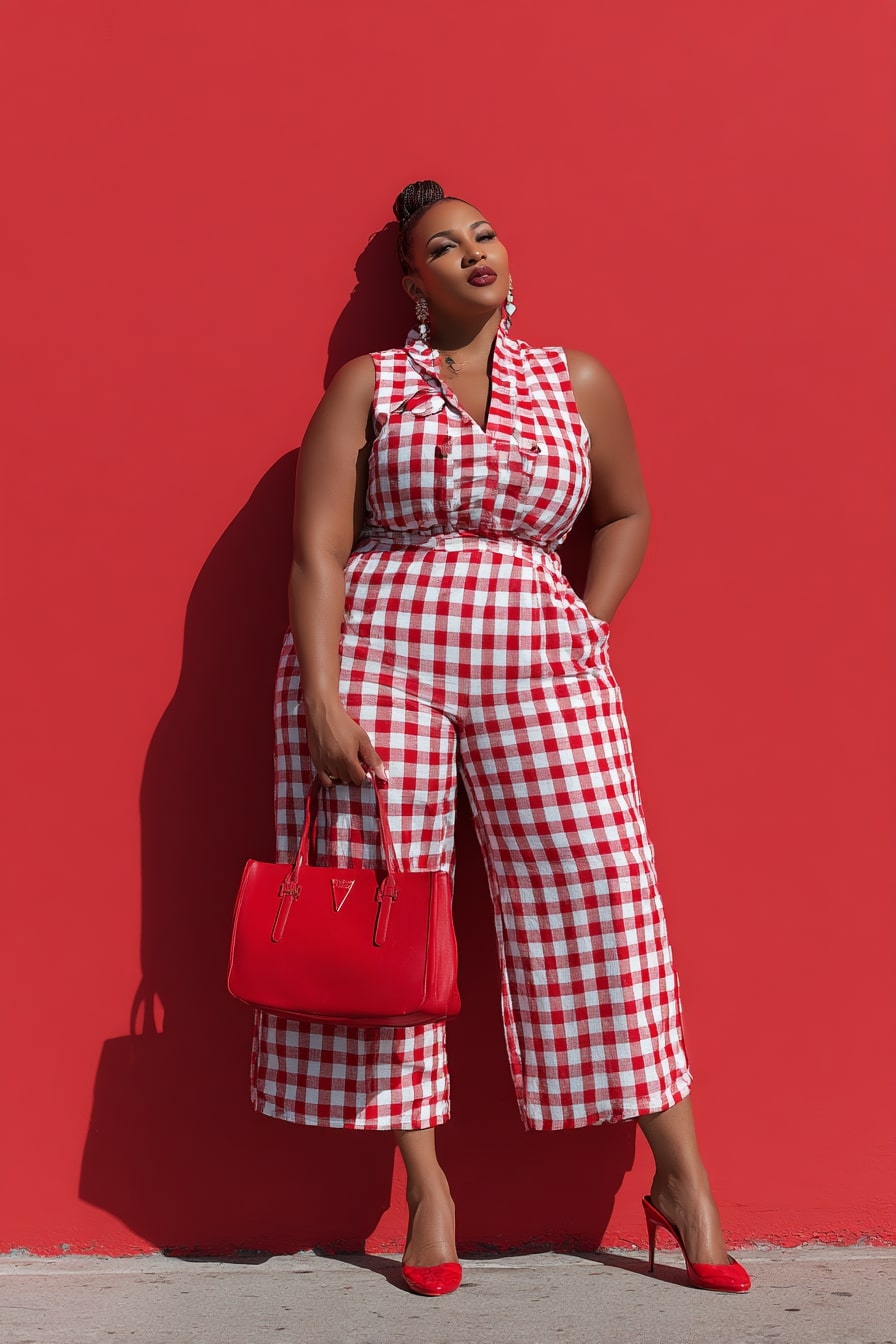Red Gingham Jumpsuit + Bold Monochrome Accessories