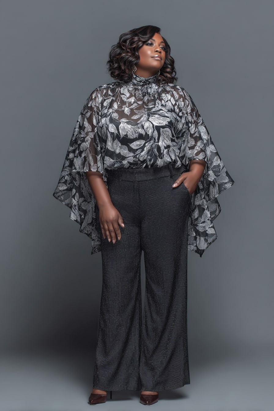 Sheer Chiffon Cape Top + Wide-Leg Pants