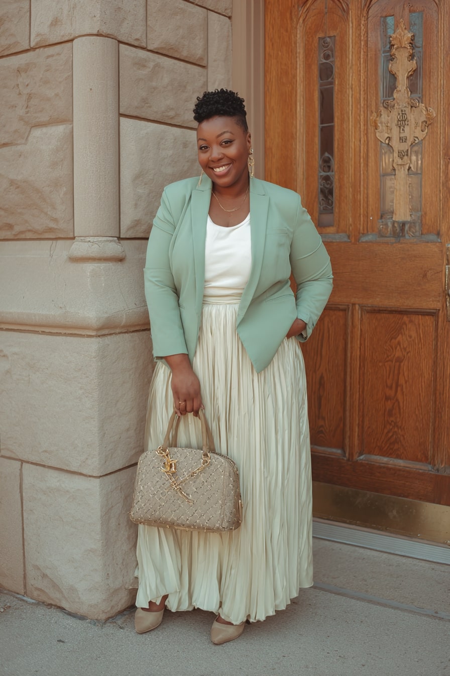Sage Blazer With Flowing Skirt