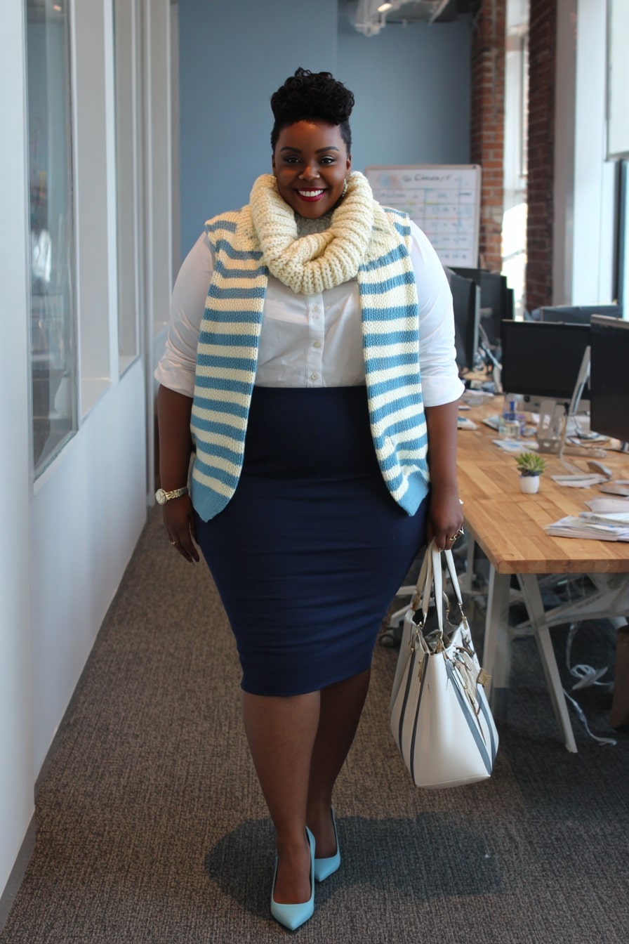 Navy Pencil Skirt with Striped Layers