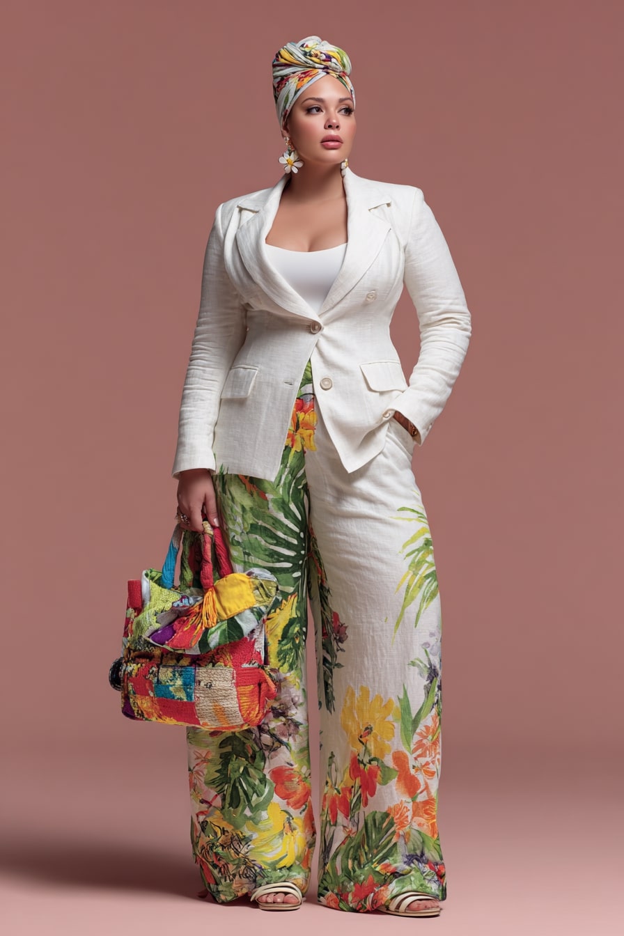 Tropical Palazzo Pants with Chic Blazer Summer Look