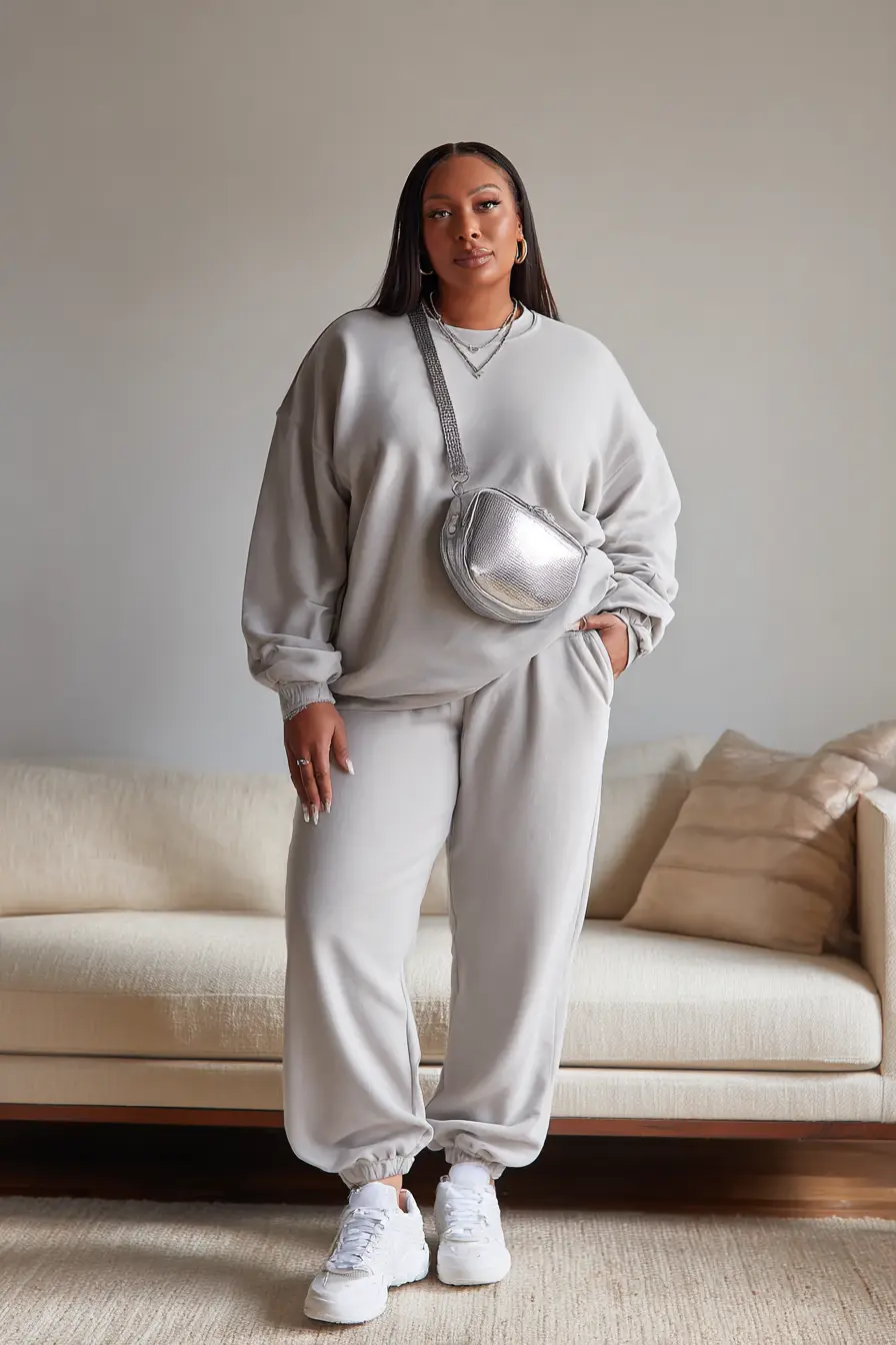 Light Gray Sweatshirt with Joggers and White Sneakers