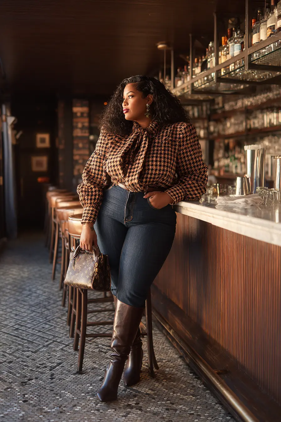 Houndstooth Blouse with Dark Denim and Boots