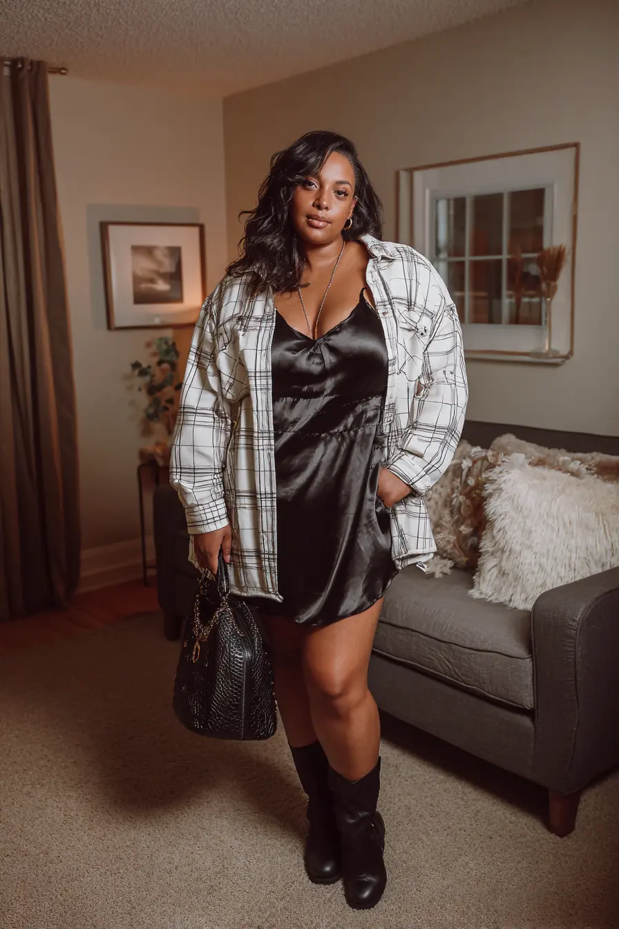 Flannel Button-Up with Slip Dress and Boots