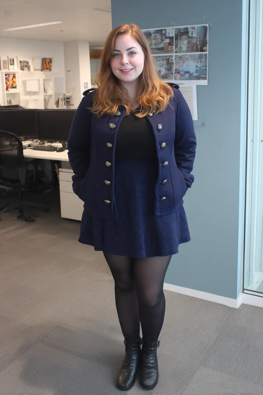 Navy Peacoat Jacket with Skirt Ensemble