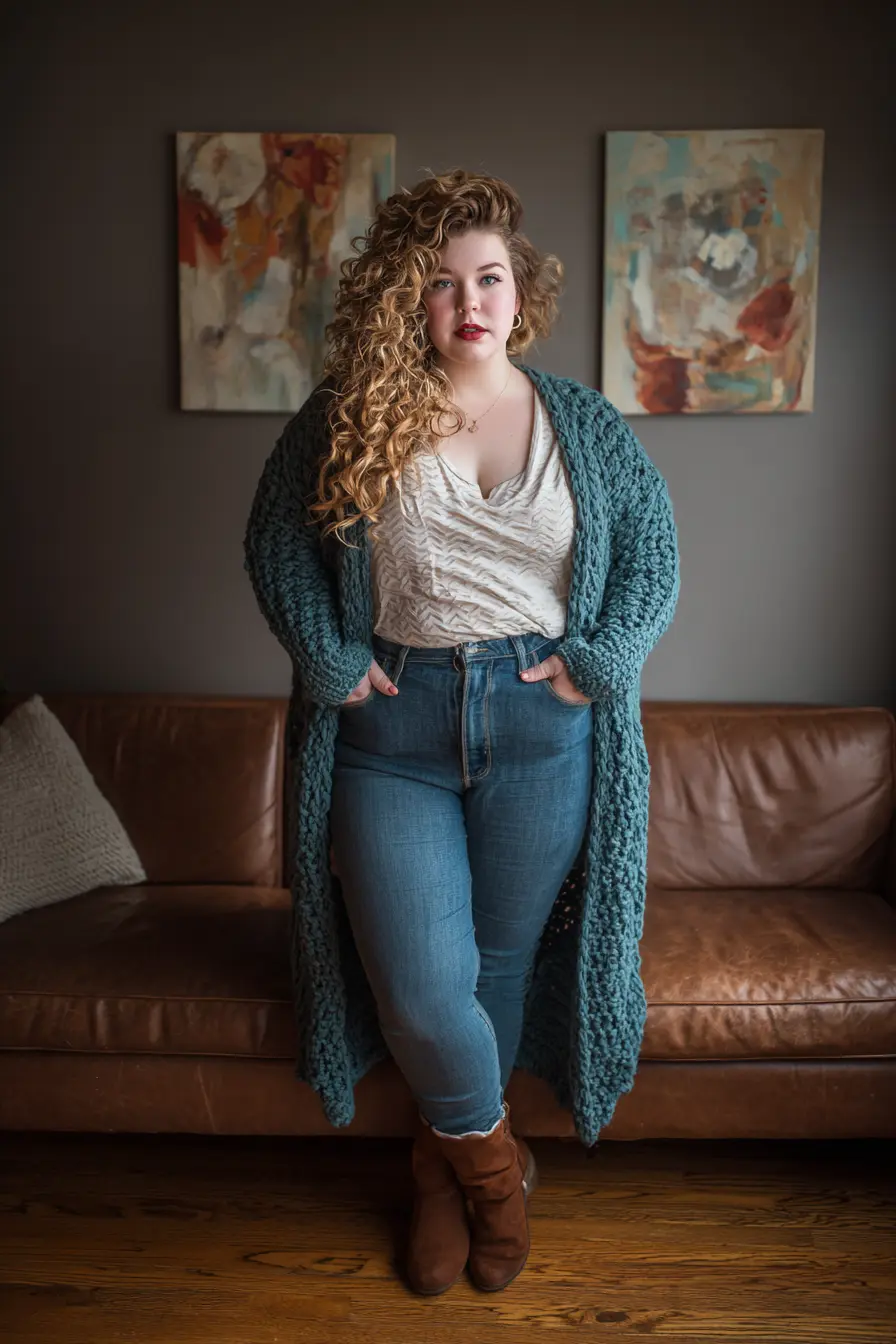 Teal Blue Wool Cardigan with Denim and Suede Boots
