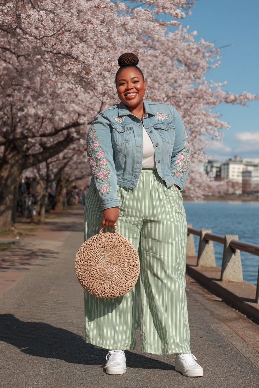 Striped Green Wide-Leg Pants with Floral Denim Jacket