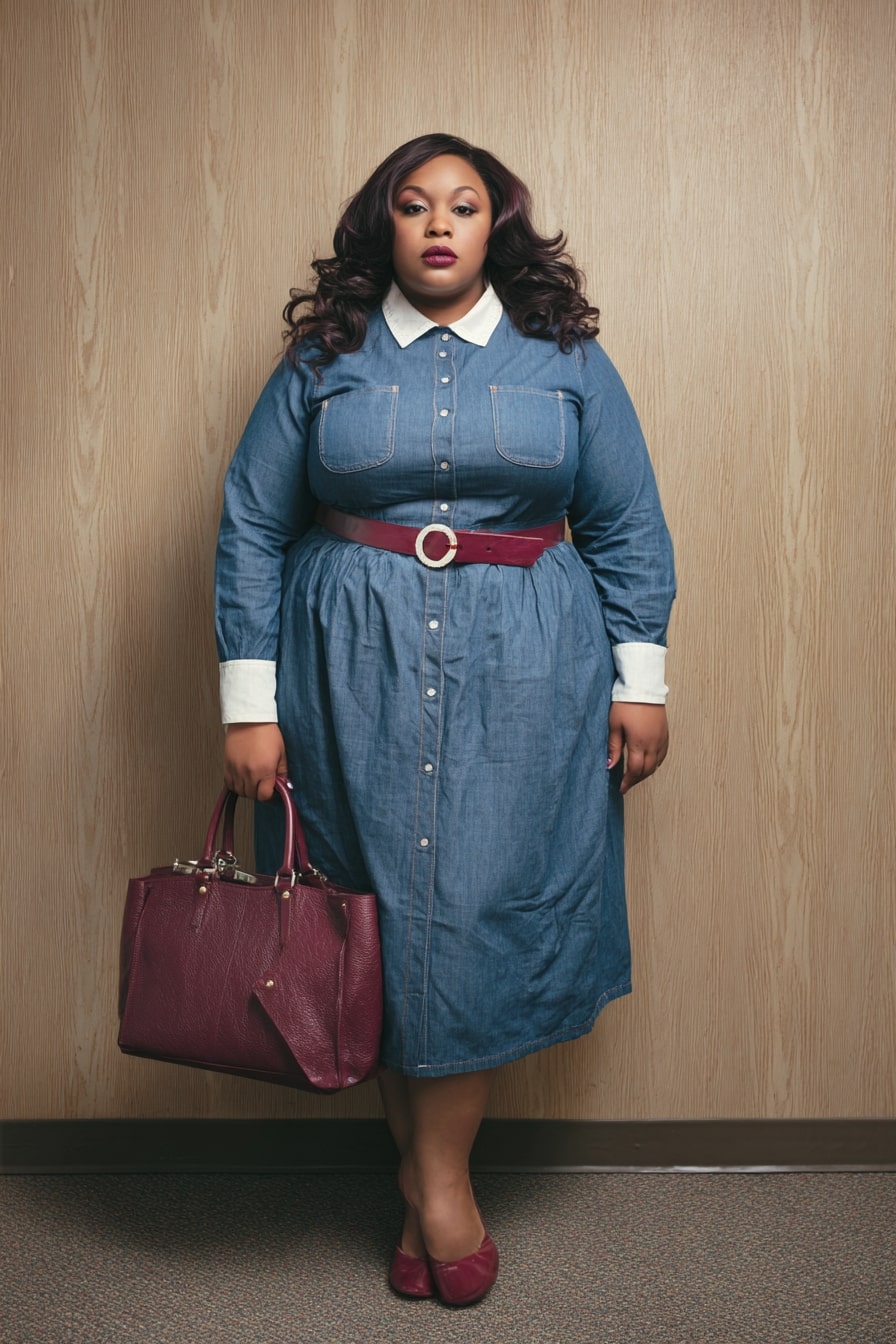 Chambray Shirt Dress with Burgundy Accents