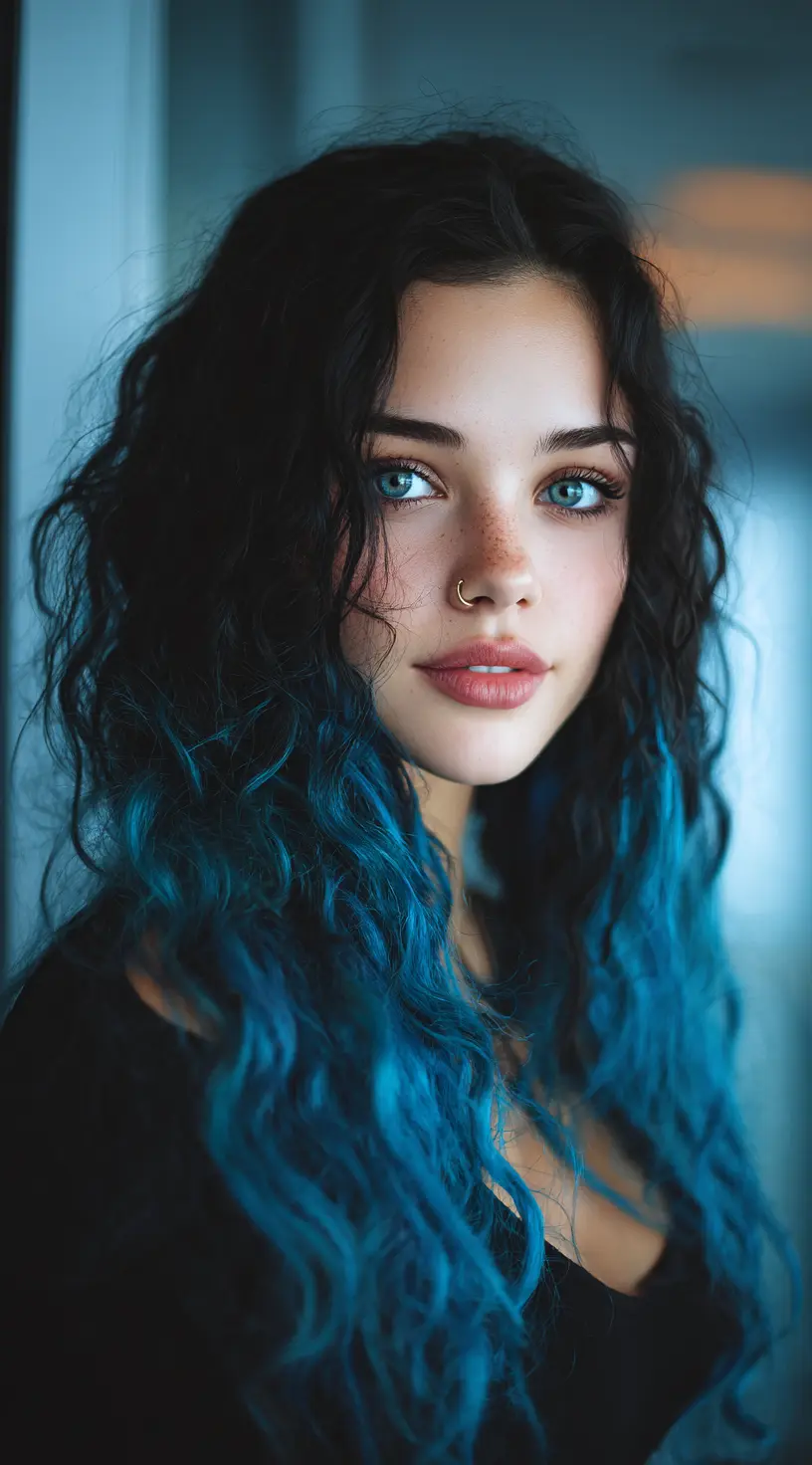 Steel Blue Balayage with Soft Curly Layers