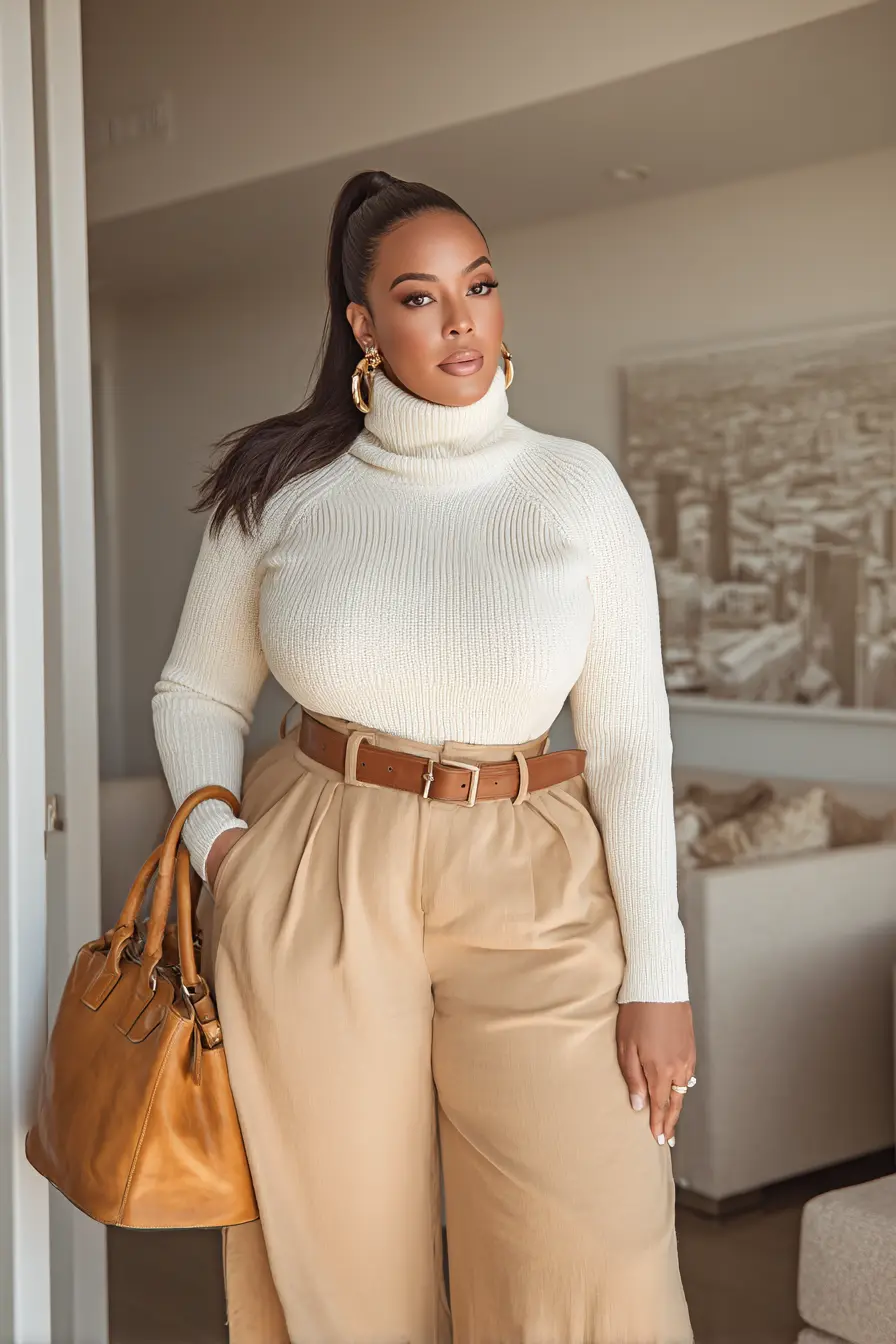Cream Turtleneck with Wide-Leg Trousers and Belt
