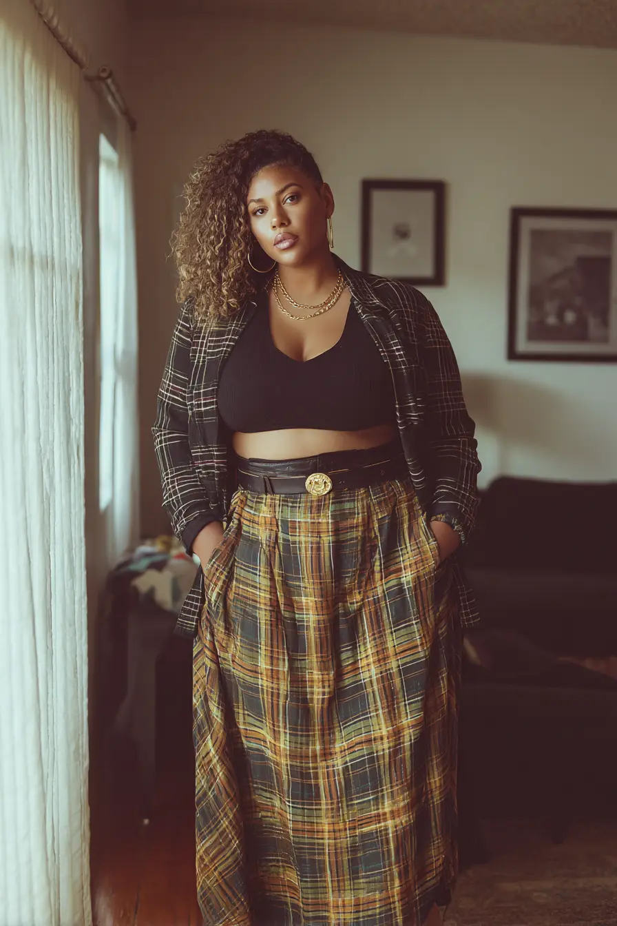 Cropped Flannel with High-Waisted Maxi Skirt