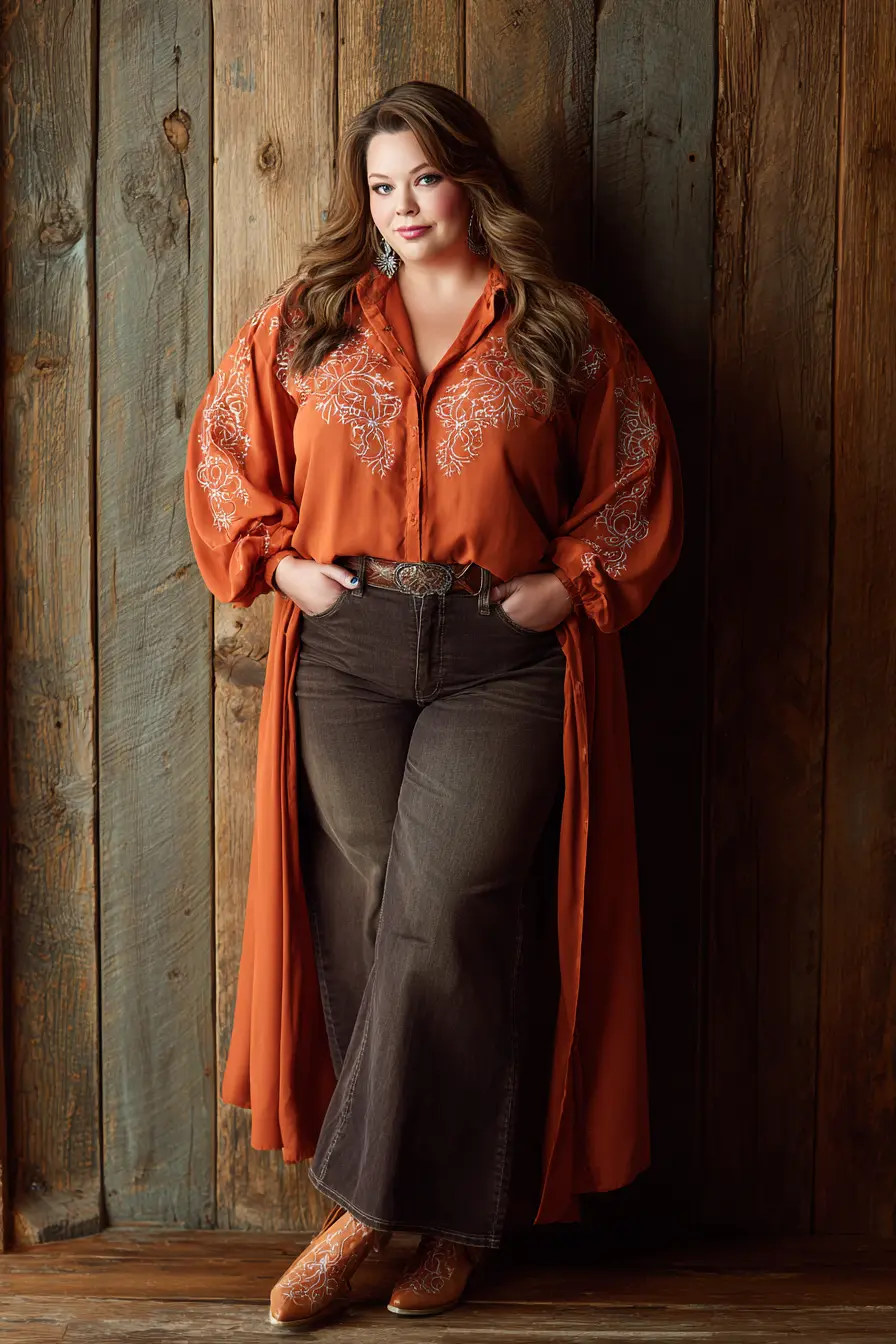 Embroidered Tunic with High-Waisted Flare Jeans and Western Boots