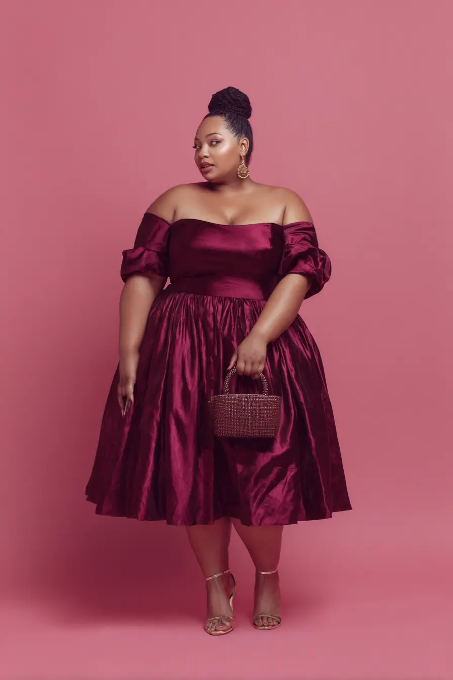 Mahogany Satin Off-Shoulder Dress for Fall Weddings