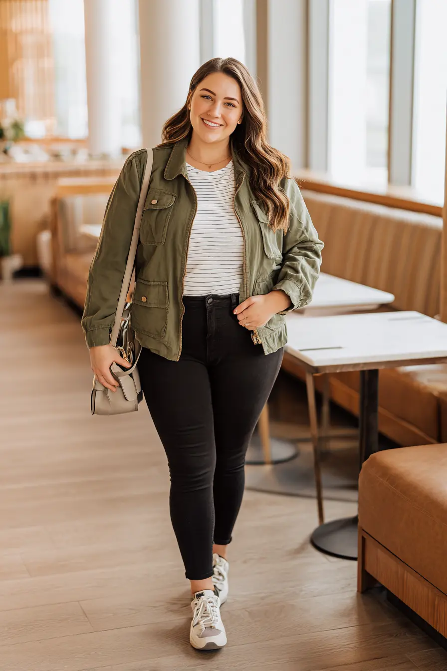 Olive Green Military Jacket with Stripes and Skinny Jeans