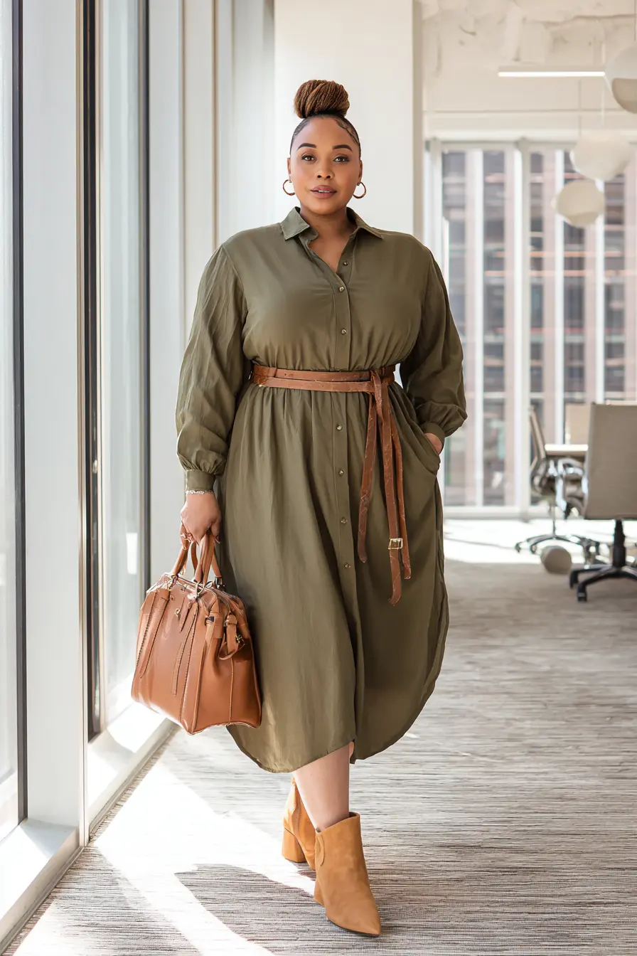 Olive Green Utility Dress with Tan Accessories