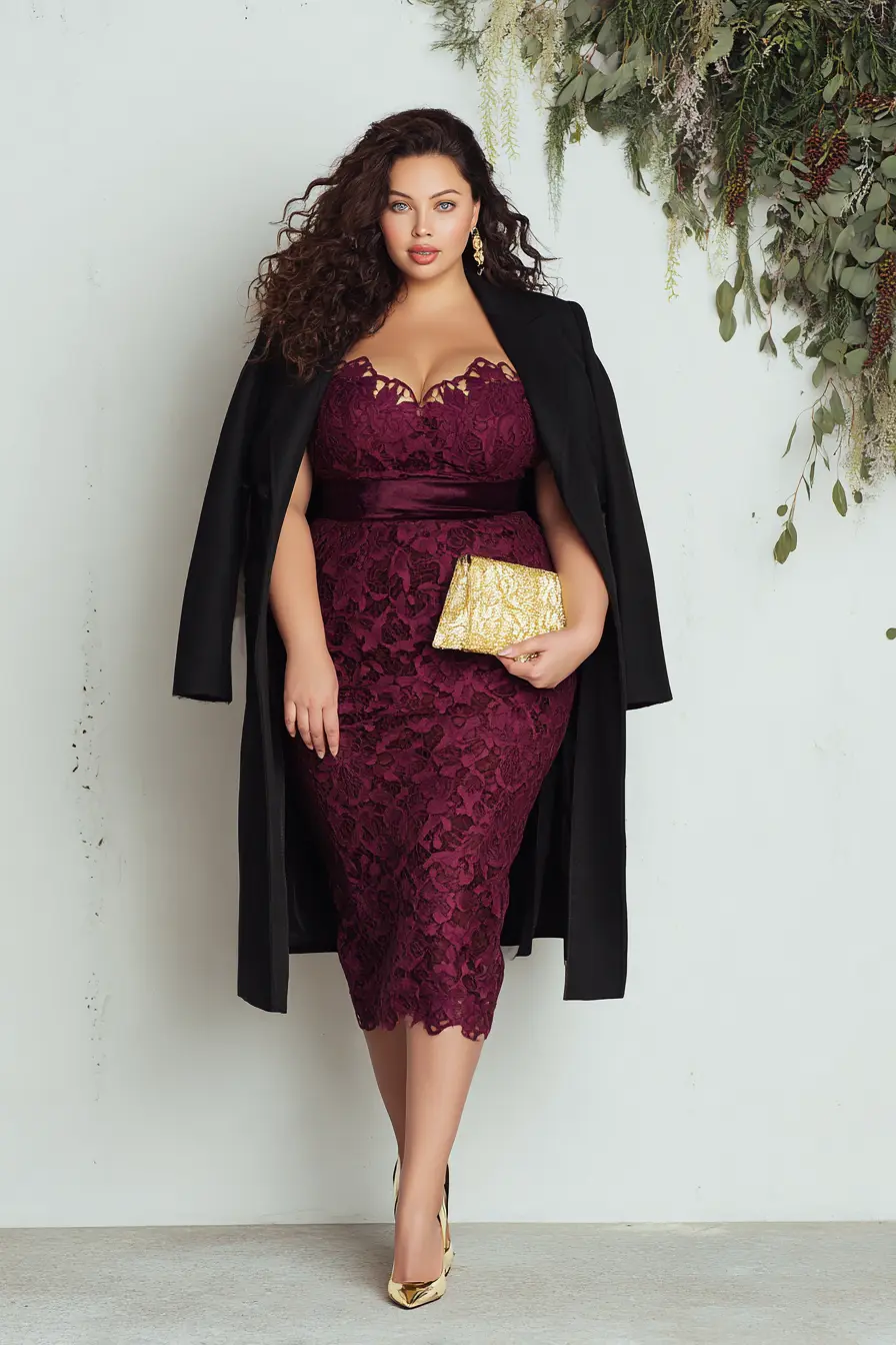 Plus Size Wine Red Jacquard Pencil Wedding Guest Dress