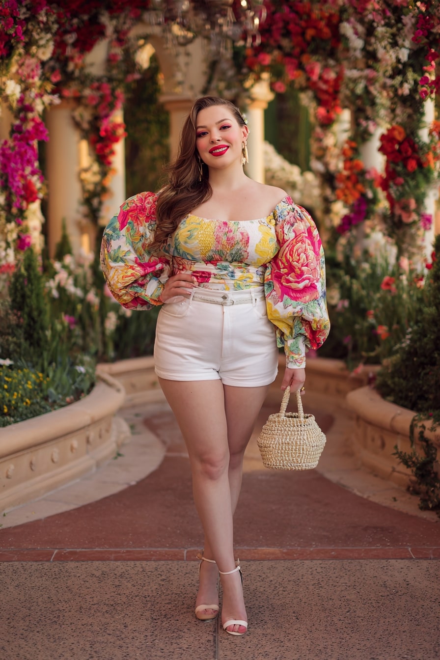 Floral Puff-Sleeve Blouse + White Denim Shorts