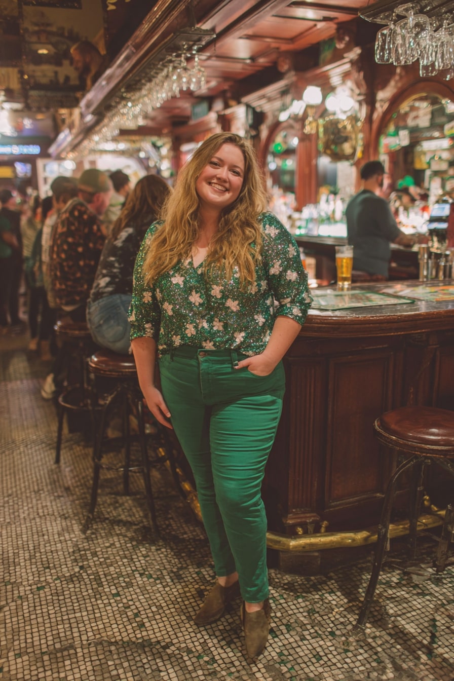 Floral Button-Down Top + Slim Green Jeans