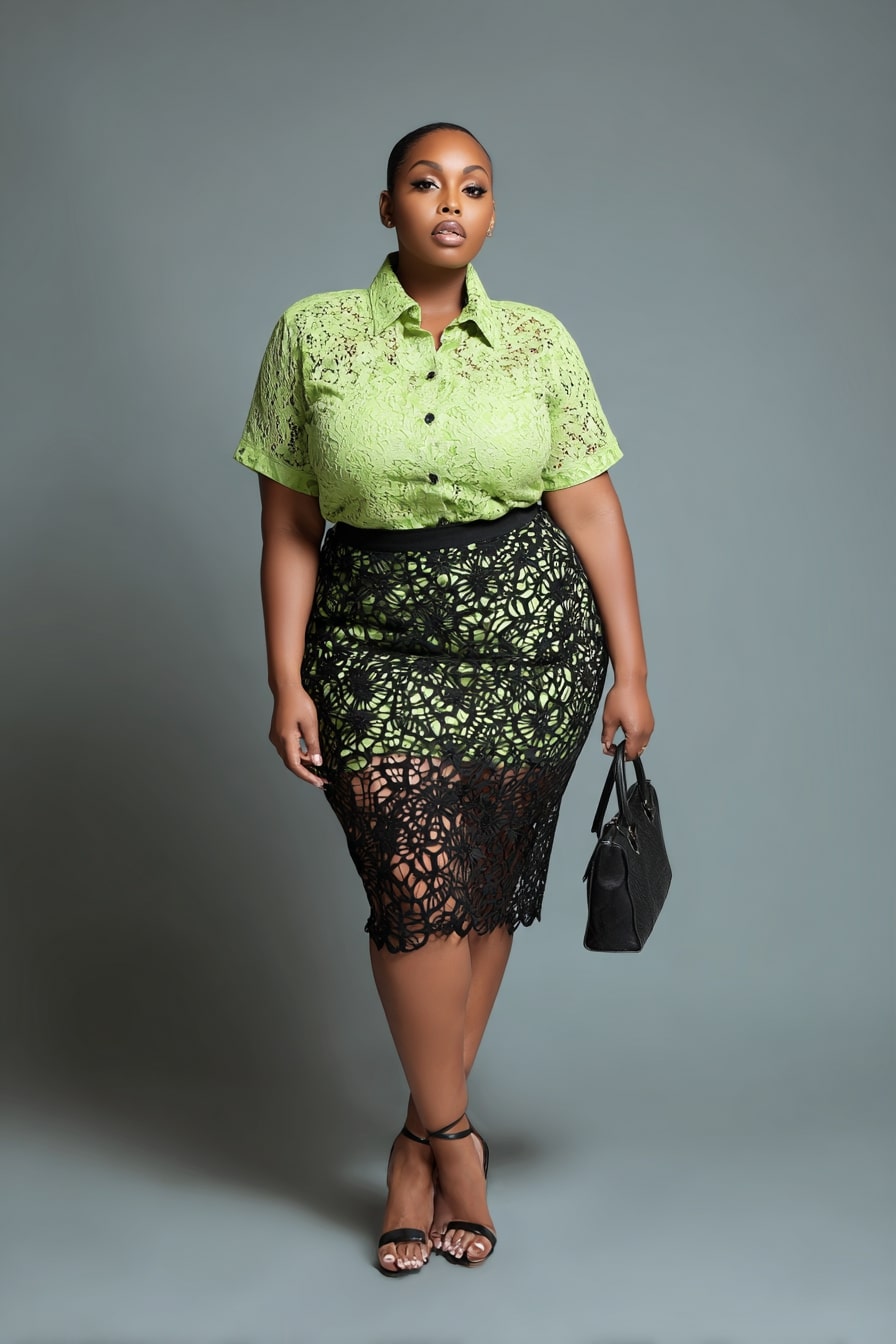 Lace Button-Up Shirt + Floral Overlay Pencil Skirt