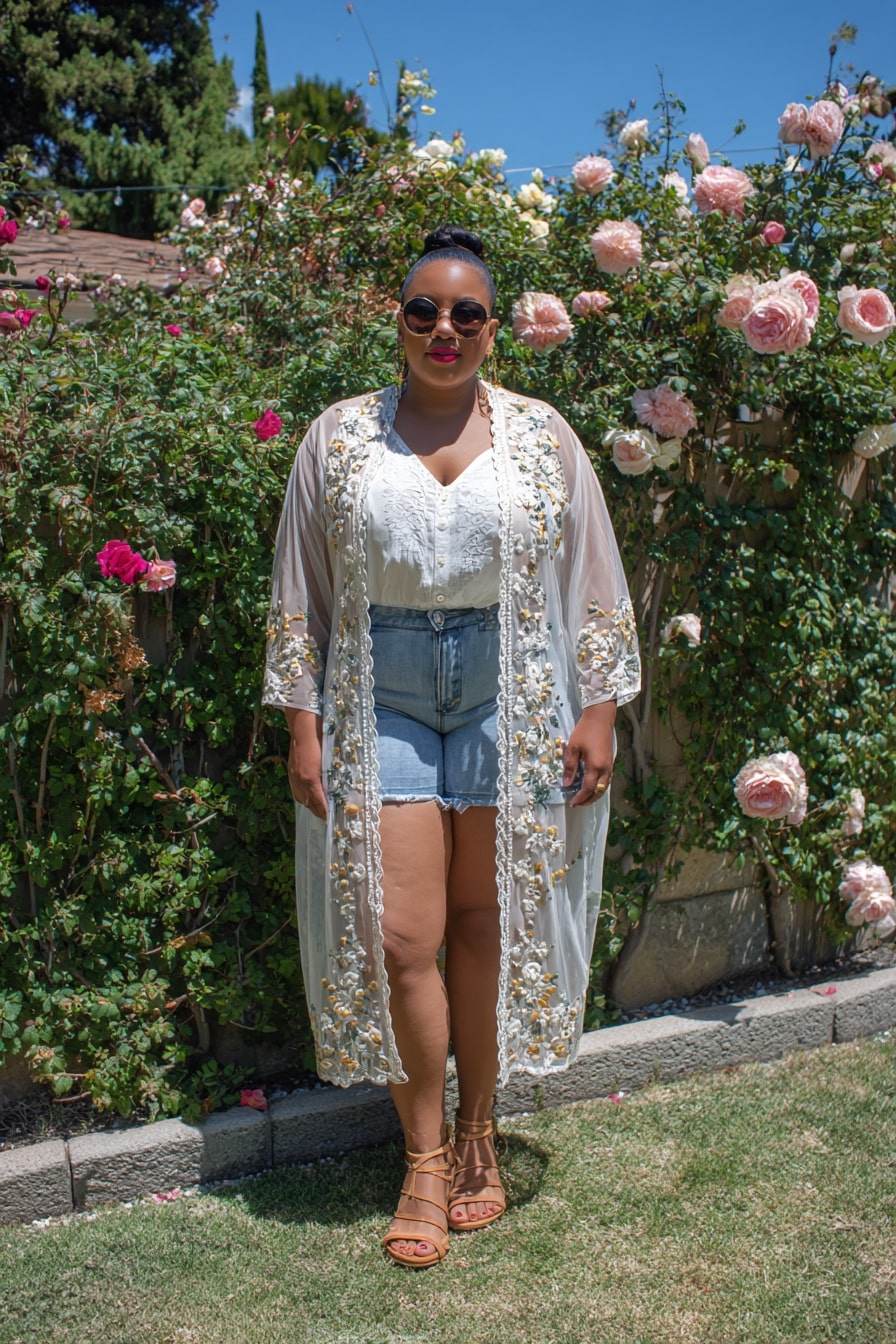 Embroidered Sheer Kimono + High-Rise Denim Shorts