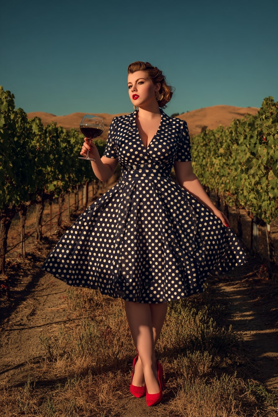 Polka-Dot Swing Dress + Red Pumps