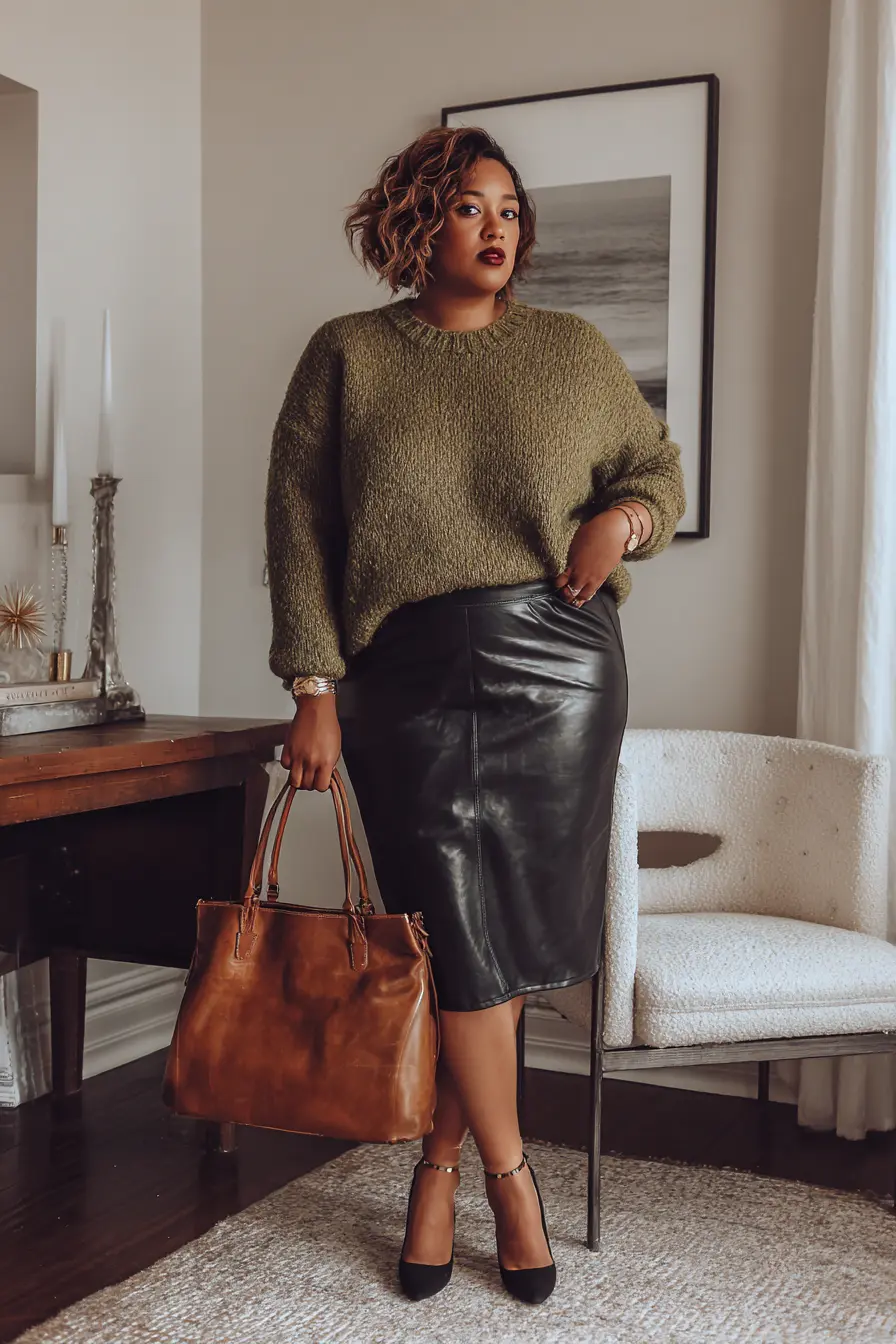 Olive Crew Neck Sweater with Black Leather Skirt