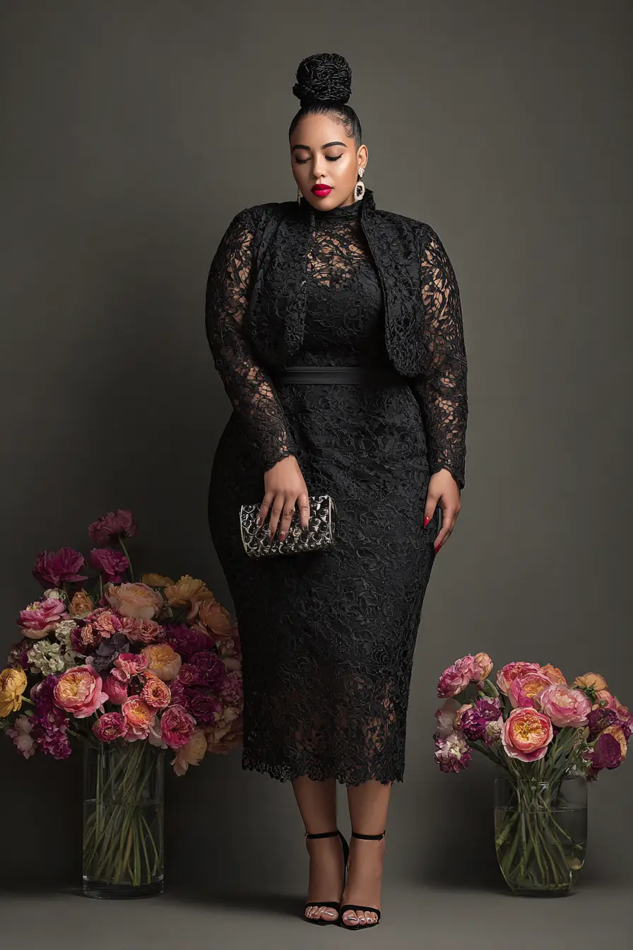 Plus Size Black Lace Overlay Wedding Guest Dress