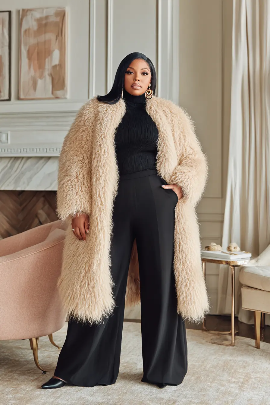 Faux Fur Coat with Black Flare Jeans and Turtleneck