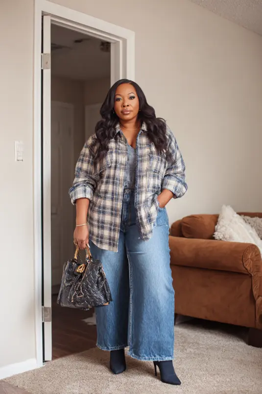 Flannel Shirt with Wide-Leg Jeans and Heeled Boots