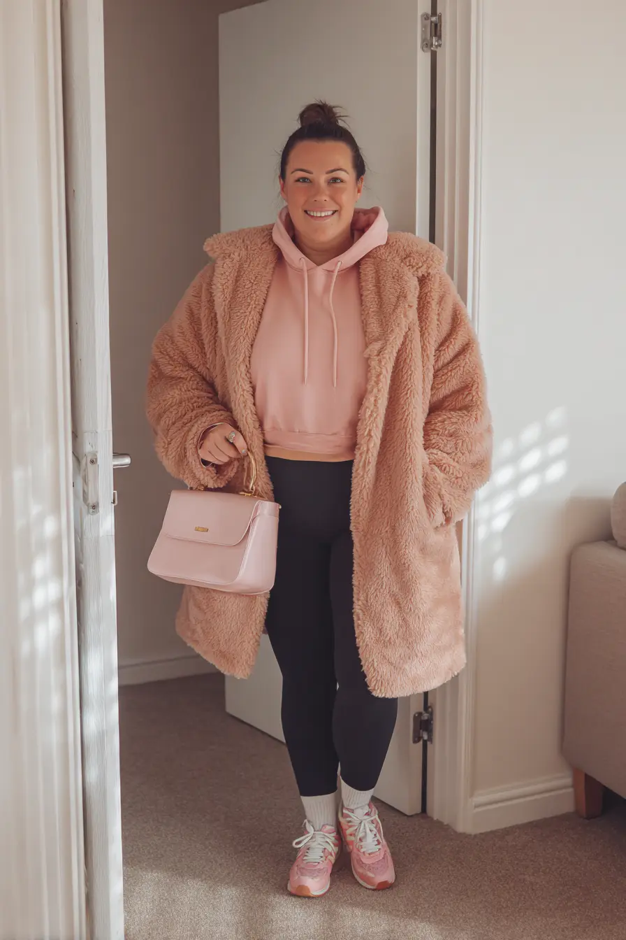 Rose Pink Fleece Hoodie with Teddy Coat and Leggings