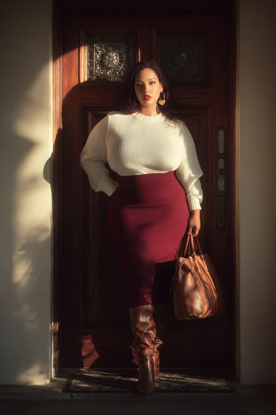 Fitted Sweater with Midi Skirt and Tall Boots