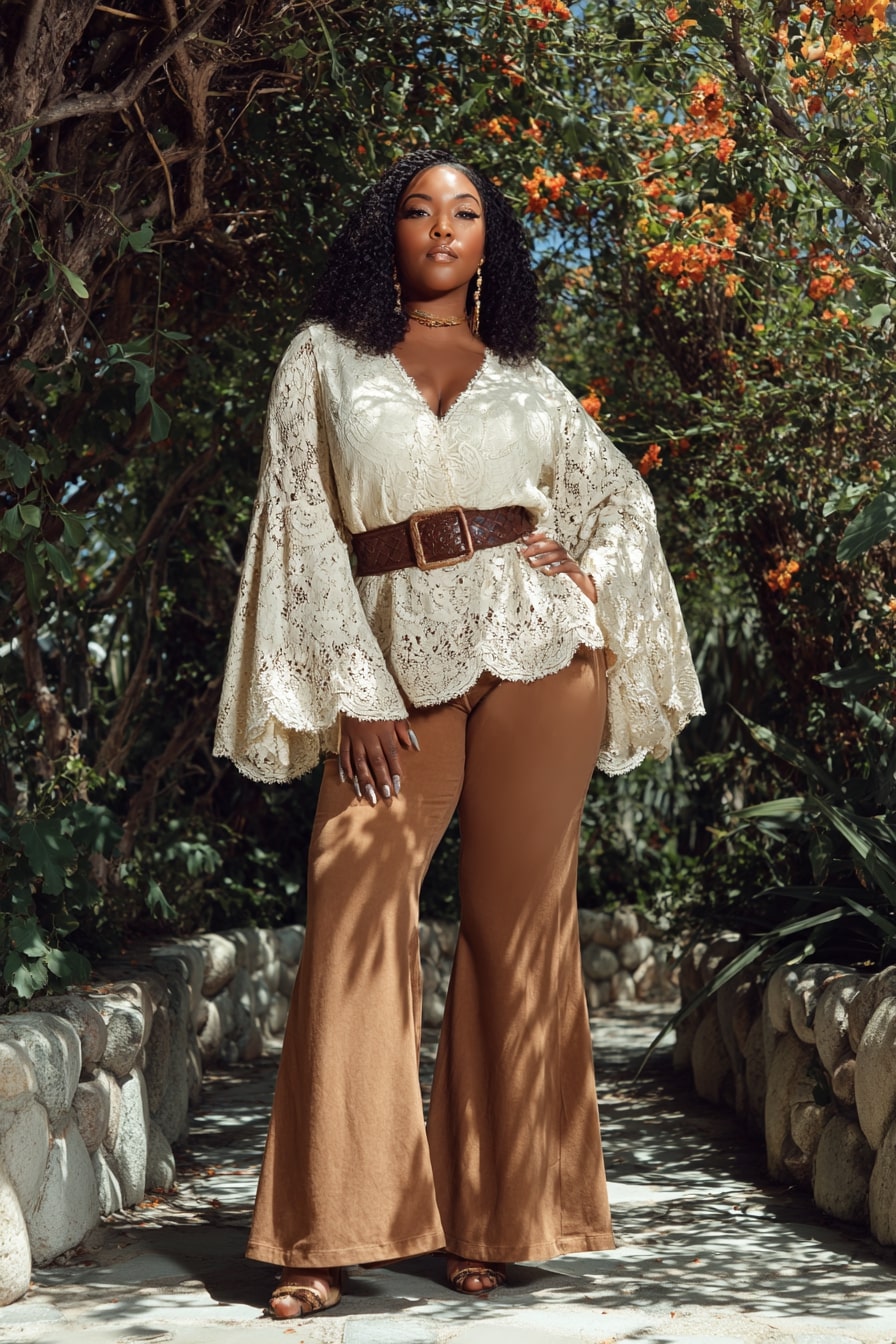 Lace Bell-Sleeve Blouse + Camel Flare Pants