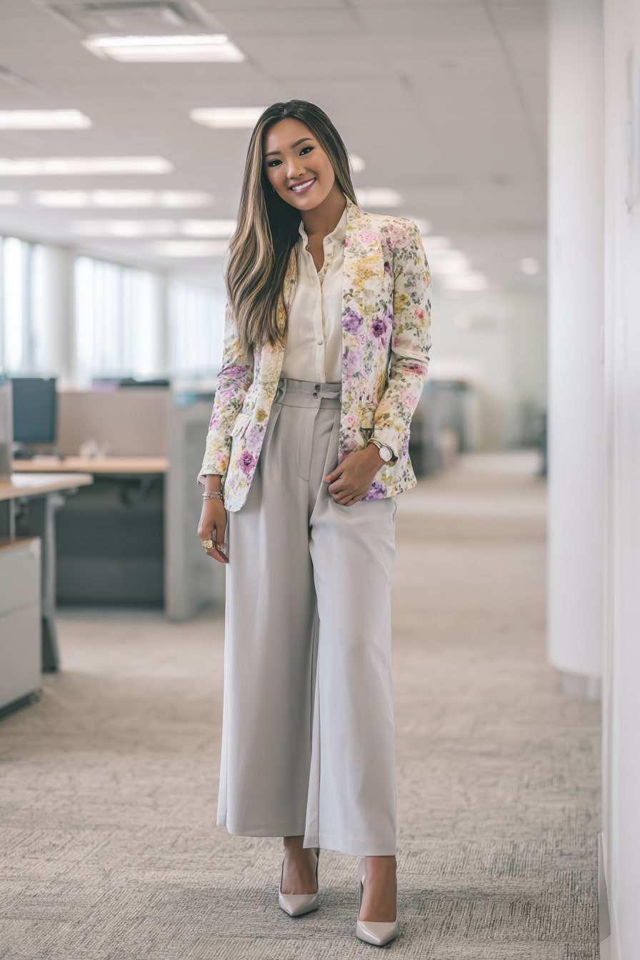 Floral Blazer with Wide-Leg Pants