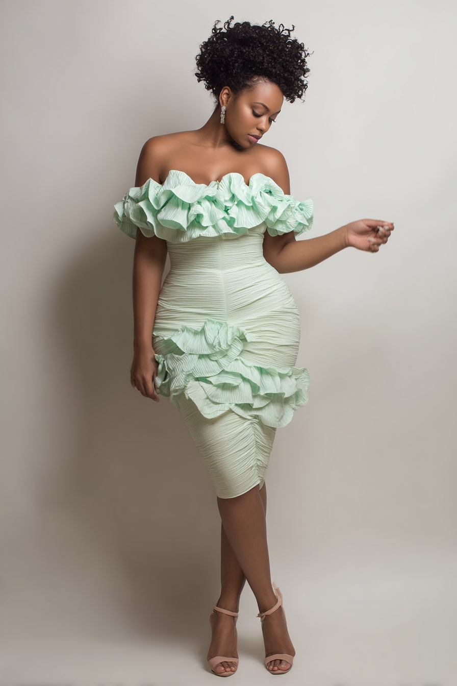 Ruched Mint Dress + Cascading Ruffle Tiers
