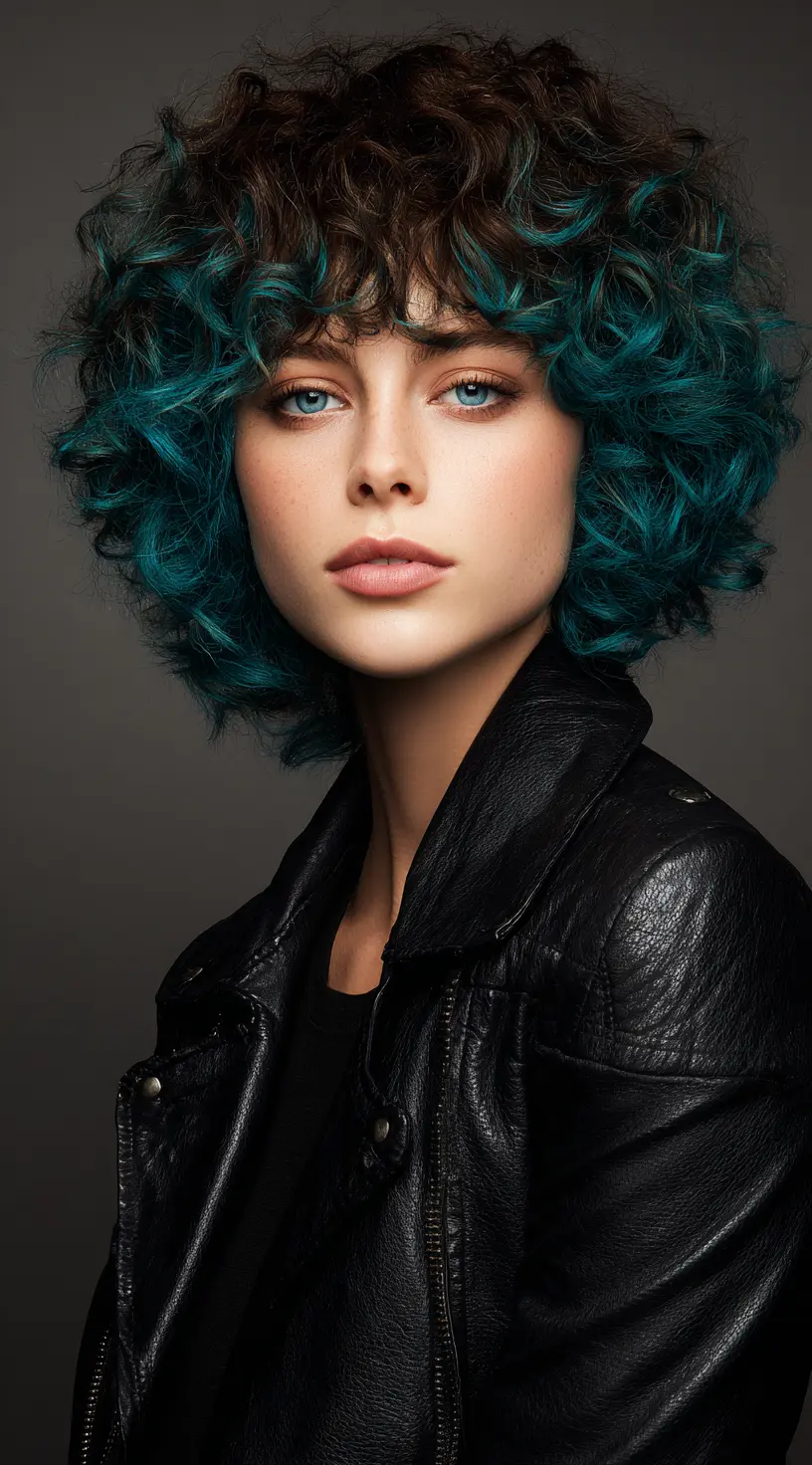 Vibrant Electric Blue Balayage on Short Curly Hair