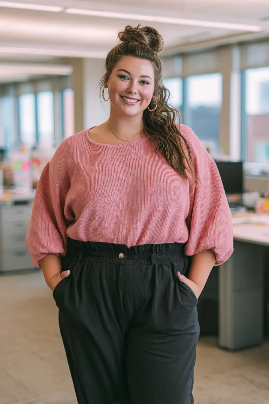 Pink Pullover Sweater with Black Trousers