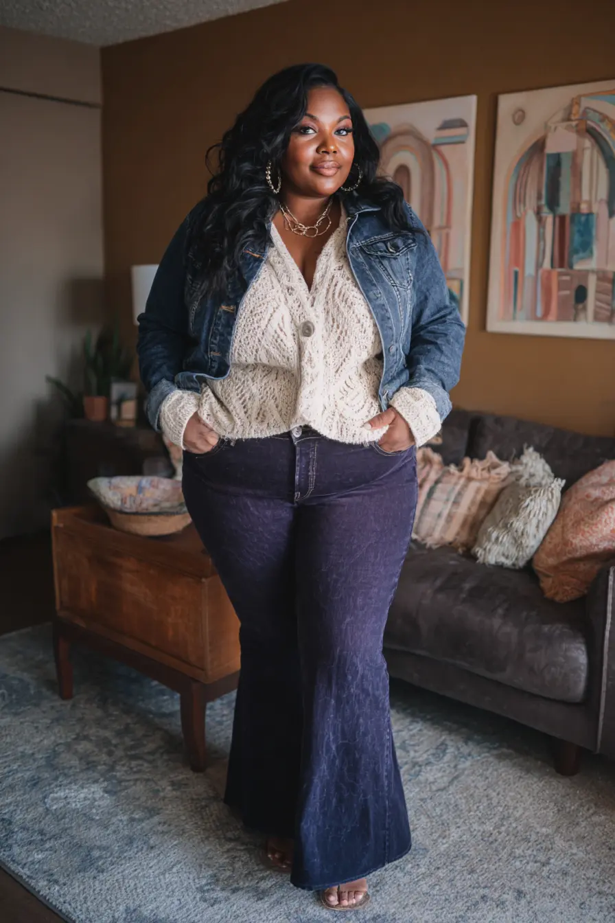 Denim Jacket with Cream Sweater and Deep Indigo Flare Jeans