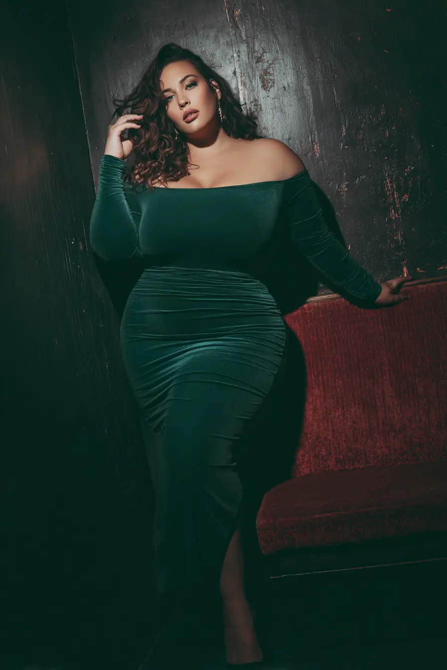 Emerald Velvet Off-Shoulder Dress