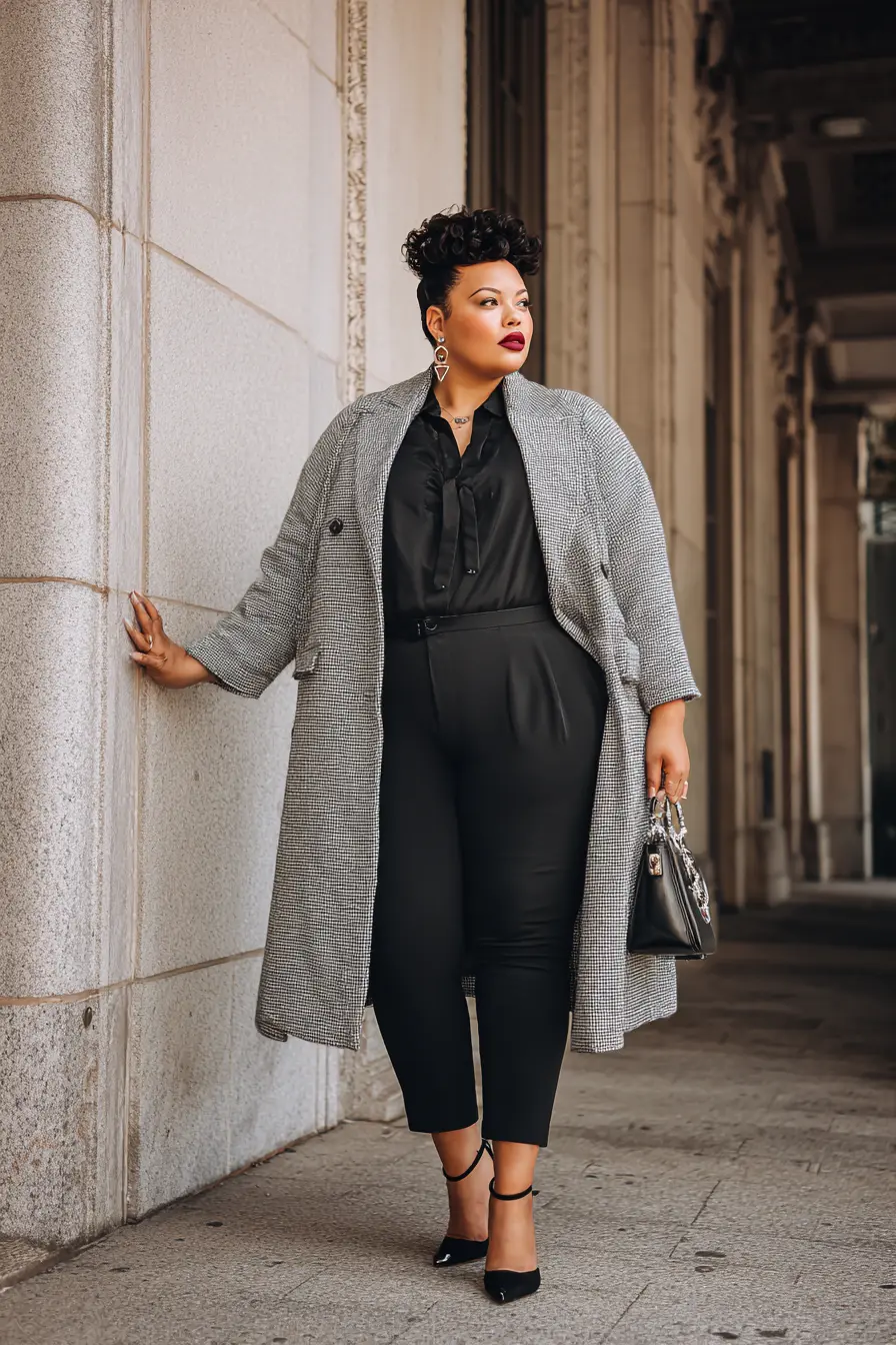 Gray Herringbone Coat with All-Black Winter Layers