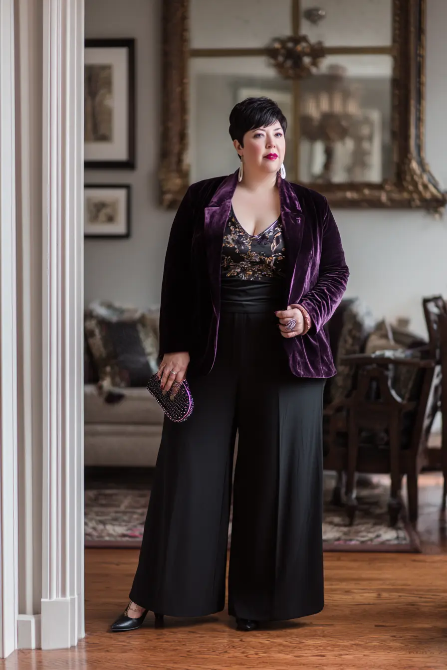 Velvet Blazer with Wide-Leg Pants