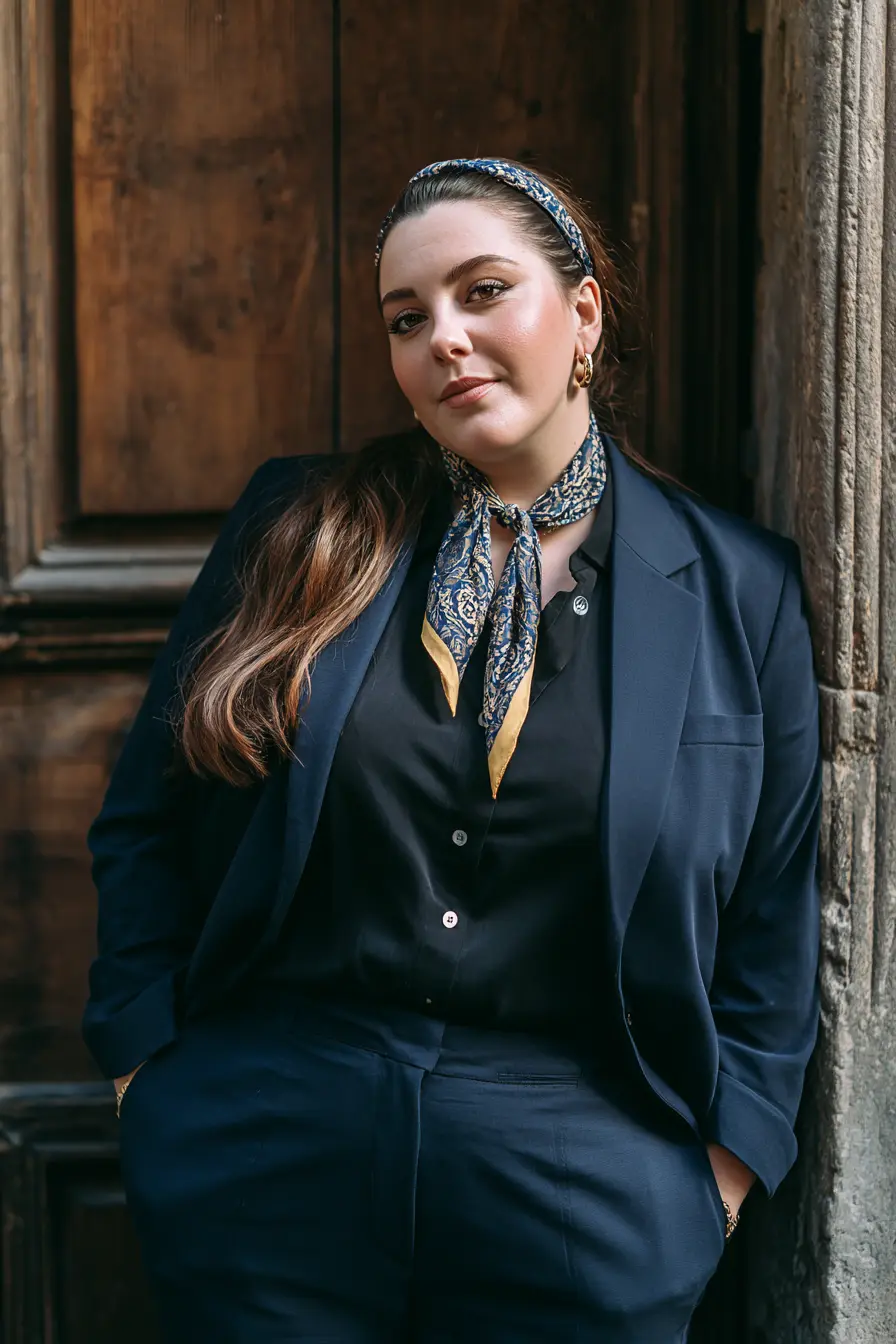 Blazer with Scarf and Tailored Pants