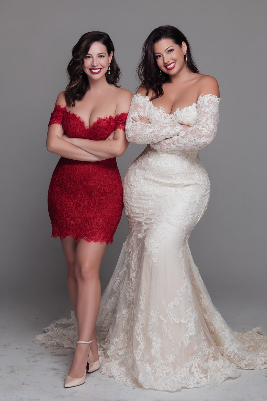 Off-Shoulder Lace Sleeves + Sculpted Mermaid Gown