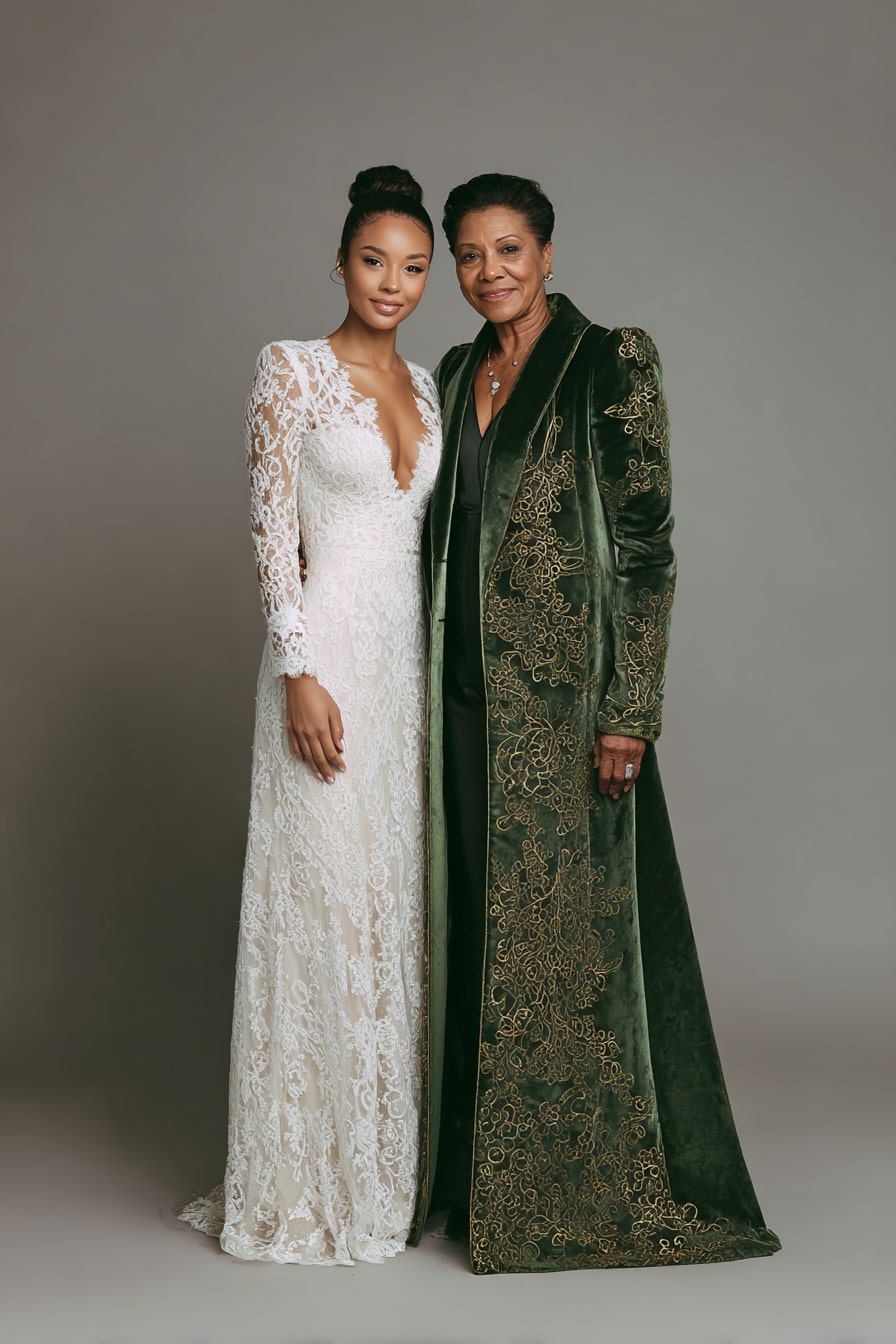 Embroidered Velvet Coat + Fluid Evening Dress