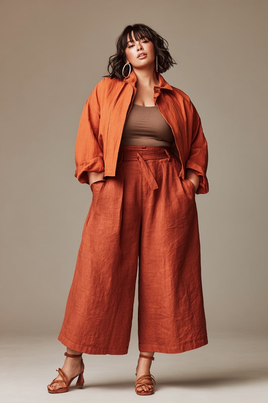 Terracotta Linen Jacket + Fluid Wide-Leg Pant